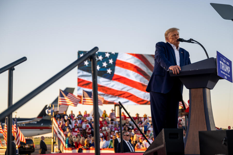 Former President Donald Trump speaks during a rally at the Waco Regional Airport on March 25, 2023, in Waco, Texas. / Credit: BRANDON BELL/Getty Images
