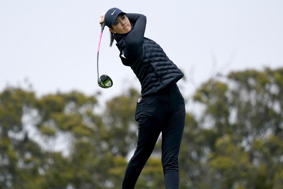 Michelle Wie West plays her shot from the second tee during the first round of the U.S. Women's Open golf tournament at The Olympic Club, Thursday, June 3, 2021, in San Francisco. (AP Photo/Jeff Chiu)