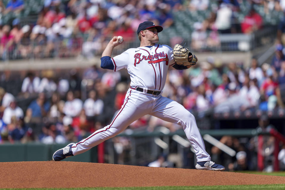 Atlanta Braves starting pitcher Bryce Elder makes an opening pitch in the first inning of a baseball game against the Baltimore Orioles on Sunday, May 7, 2023, in Atlanta. (AP Photo/Erik Rank)