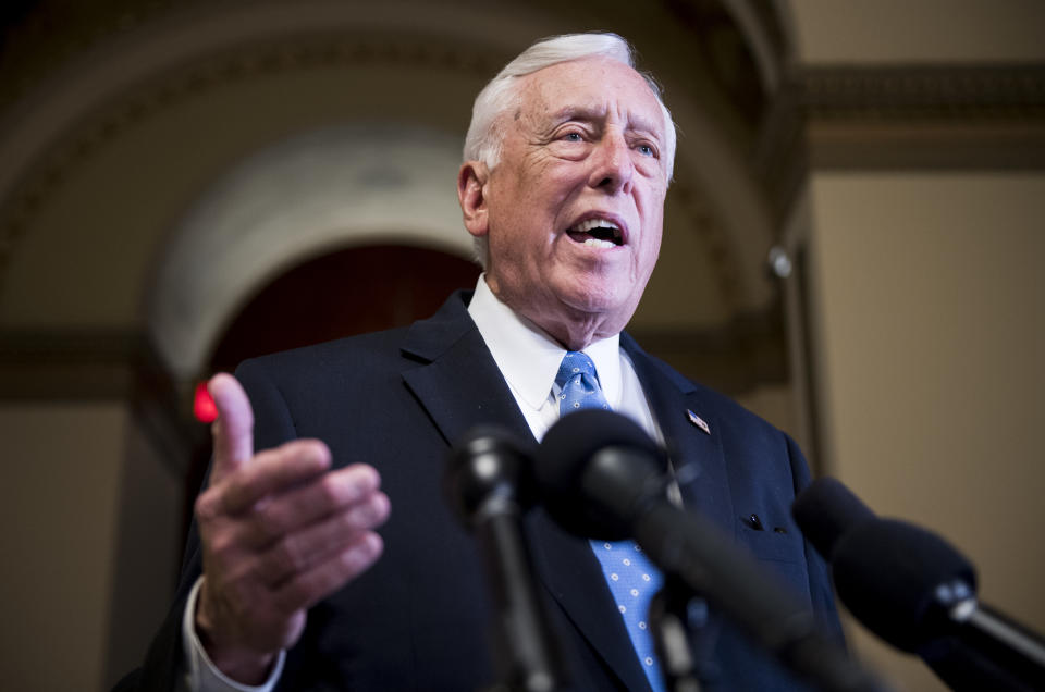 House Majority Leader Steny Hoyer, D-Md., speaks to reporters in the Capitol after Rep. Thomas Massie, R-Ky., objected to the unanimous consent for passage of the disaster aid bill in the House on May 28, 2019. (Photo: Bill Clark/CQ Roll Call/Getty Images)