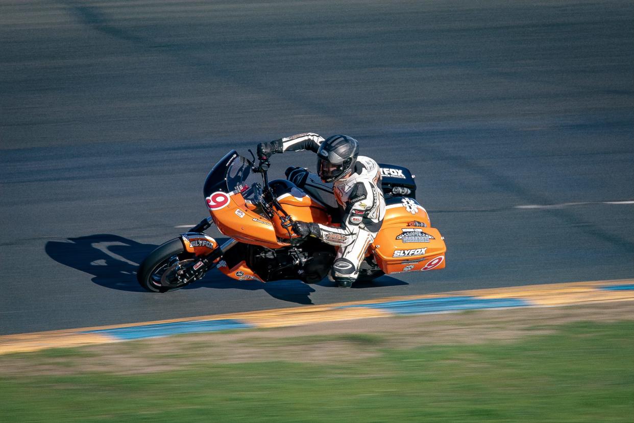 Benny Carlson competes for Suburban Motors Harley-Davidson in the Bagger GP class in the Bagger Racing League.