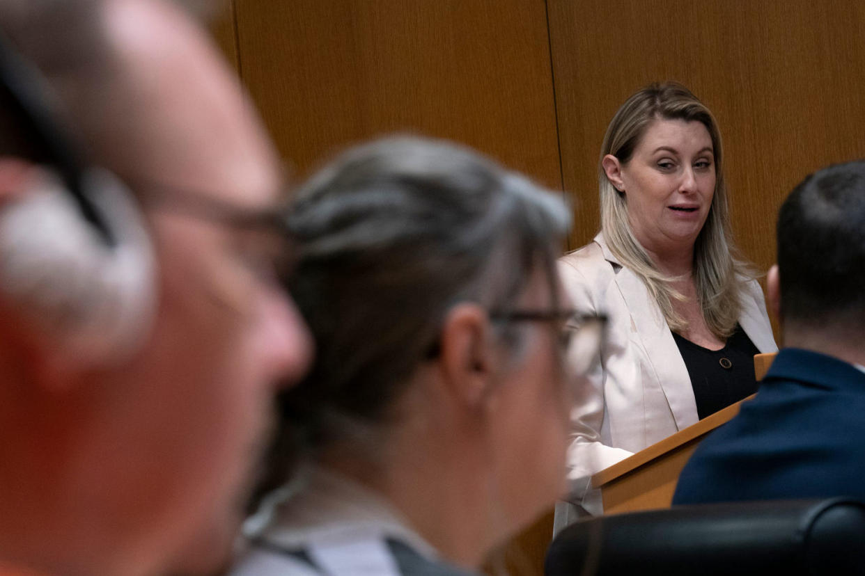 Nicole Beausoleil, mother of Madisyn Baldwin, reads her victim impact statement during the sentencing hearing for James and Jennifer Crumbley on April 9, 2024. (Mandi Wright / Detroit Free Press / USA Today Network)