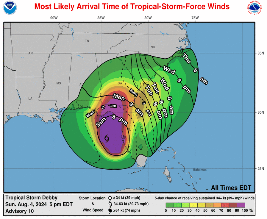 When to expect Tropical Storm Debby's tropical storm force winds based on your location.