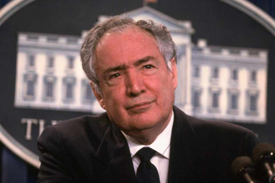 Education Secretary Lauro Cavazos holds a briefing on Feb. 1, 1990. (Diana Walker / Getty Images file)