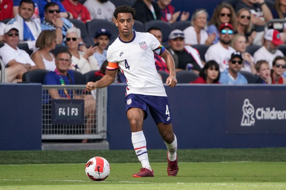 U.S. midfielder Tyler Adams controls the ball during an international friendly soccer match against Uruguay at Children's Mercy Park in Kansas City in June.