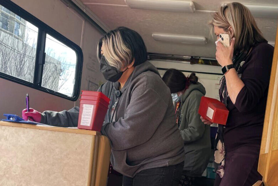 Rosa Johnson prepares her mobile needle exchange in Reno, Nev., Tuesday, March 7, 2023. With U.S. overdose fatalities at an all-time high, state legislatures are considering tougher penalties for possession of fentanyl, the powerful opioid linked to most of the deaths. Proponents say prosecutors and police need more tools to help with the fight because fentanyl and other synthetic opioids are so deadly, accounting for the majority of U.S. overdose deaths. (AP Photo/Gabe Stern)