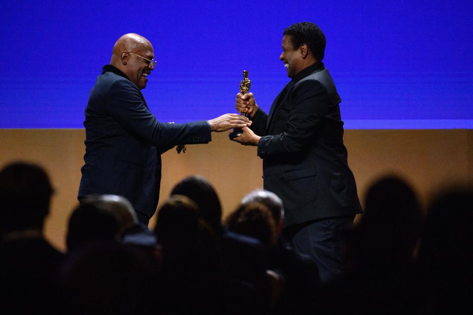 "Let me tell you something: We go back so far," Denzel Washington said as he presented Samuel L. Jackson with an honorary Oscar at the 2022 Governors Awards in The Ray Dolby Ballroom on Friday, March 25, 2022, in Hollywood, California.