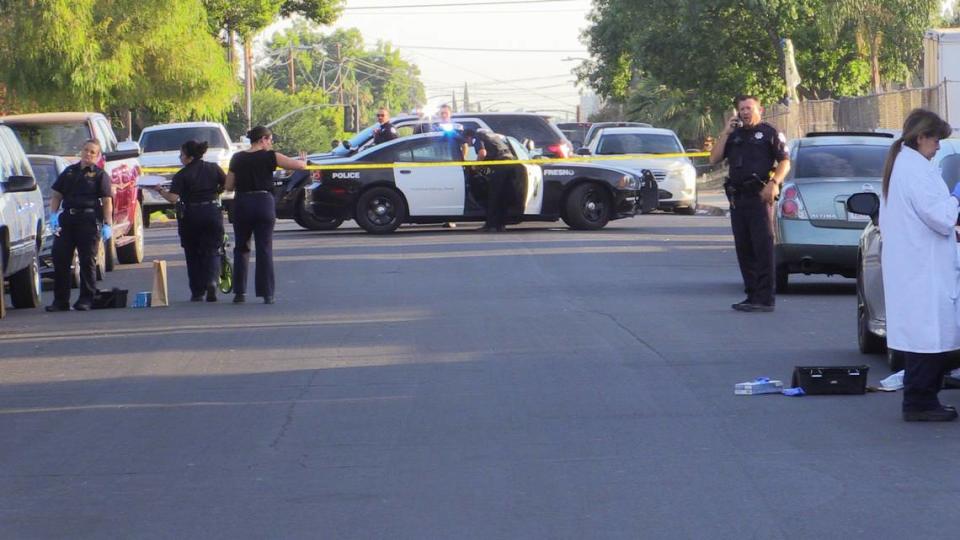 One person was shot and killed and another wounded at South Thorne Avenue and East Geary Street in Fresno, California on Sunday, July 16, 2023.