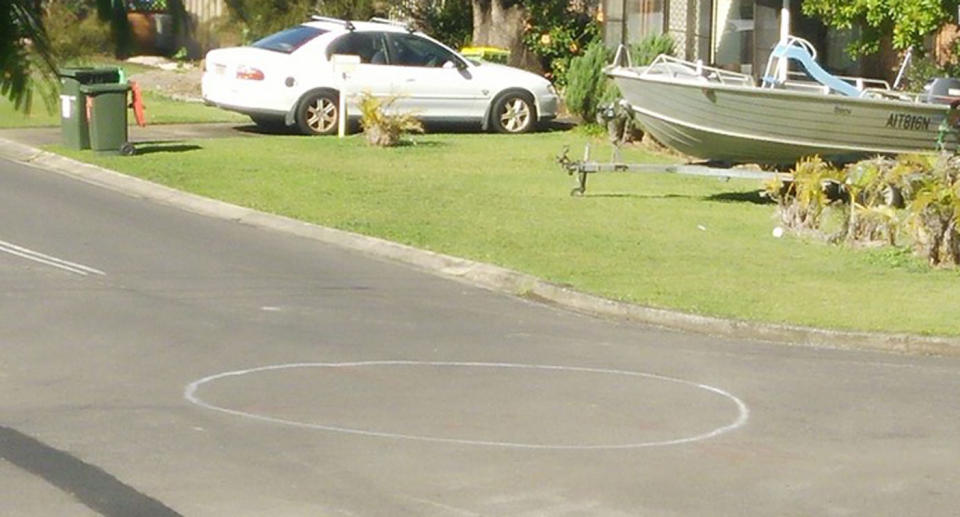 A spray-painted circle seen on a suburban road in Lismore. Some residents have been treating it as a roundabout but no one seems to know how it got there.