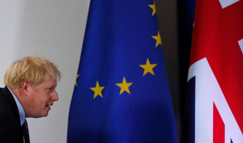 British Prime Minister Boris Johnson arrives for a media conference at an EU summit in Brussels, on Oct. 17, 2019.