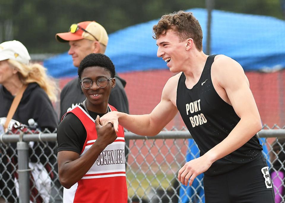 Point Pleasant Boro's Blaik Slavinski gets congratulated after winning the G2 400 at the Central and South Groups 2-3 Track sectionals at Jackson Liberty HS on 6/3/2023
