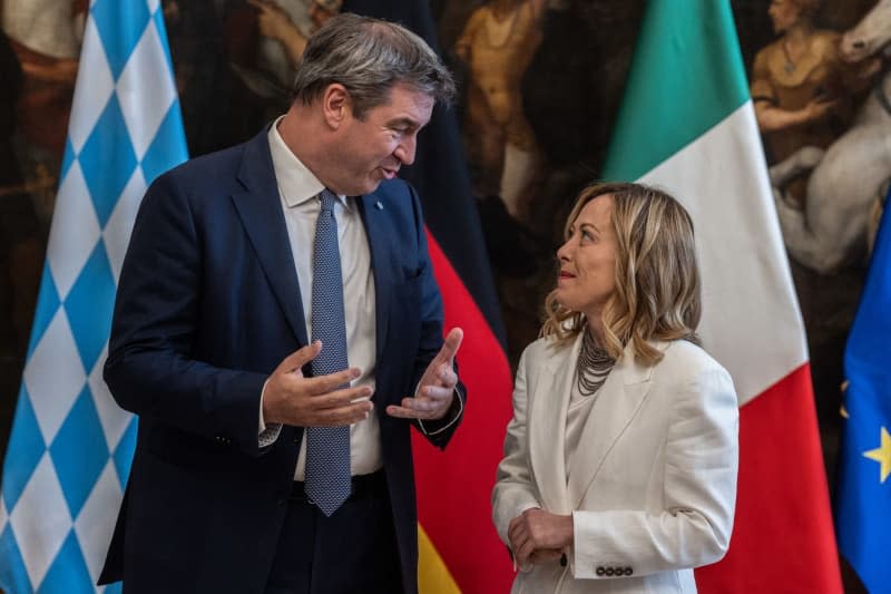 Prime Minister of Italy Giorgia Meloni (R) receives Minister President of Bavaria Markus Soeder at Palazzo Chigi. Oliver Weiken/dpa