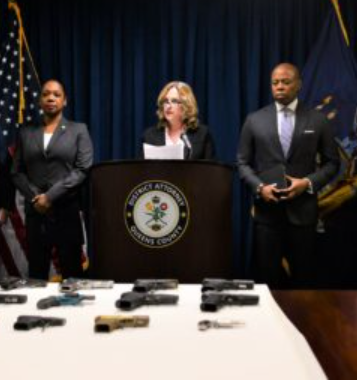 NYPD Commissioner Keechant Sewell, Queens District Attorney Melinda Katz, and New York City Mayor Eric Adams at a February press conference announcing indictments of 23 alleged members of warring gangs in two Queens public housing developments.