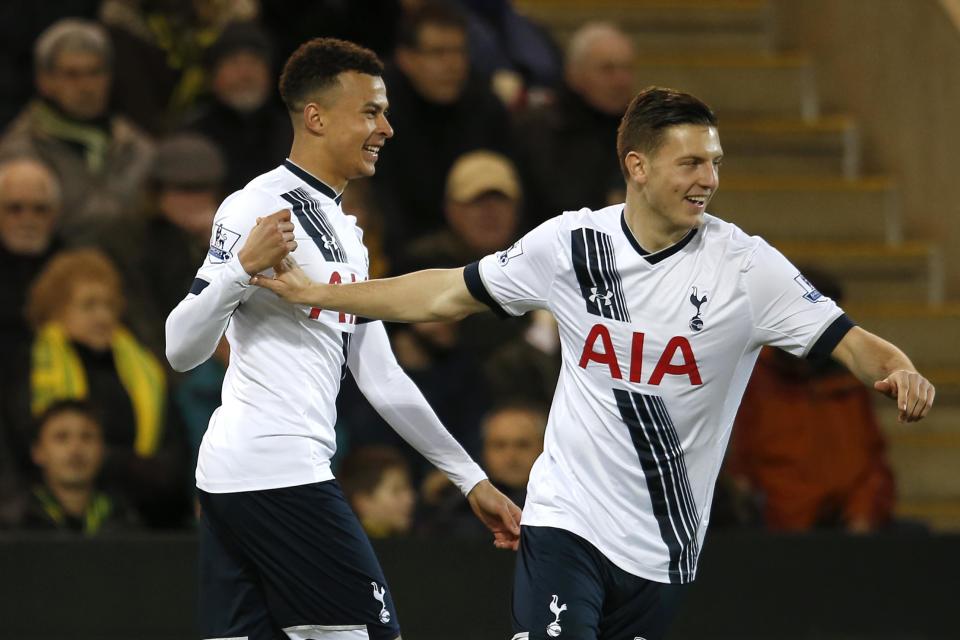 Football Soccer - Norwich City v Tottenham Hotspur - Barclays Premier League - Carrow Road - 2/2/16 Tottenham's Dele Alli celebrates scoring their first goal with Kevin Wimmer Action Images via Reuters / Paul Childs Livepic EDITORIAL USE ONLY. No use with unauthorized audio, video, data, fixture lists, club/league logos or "live" services. Online in-match use limited to 45 images, no video emulation. No use in betting, games or single club/league/player publications. Please contact your account representative for further details.