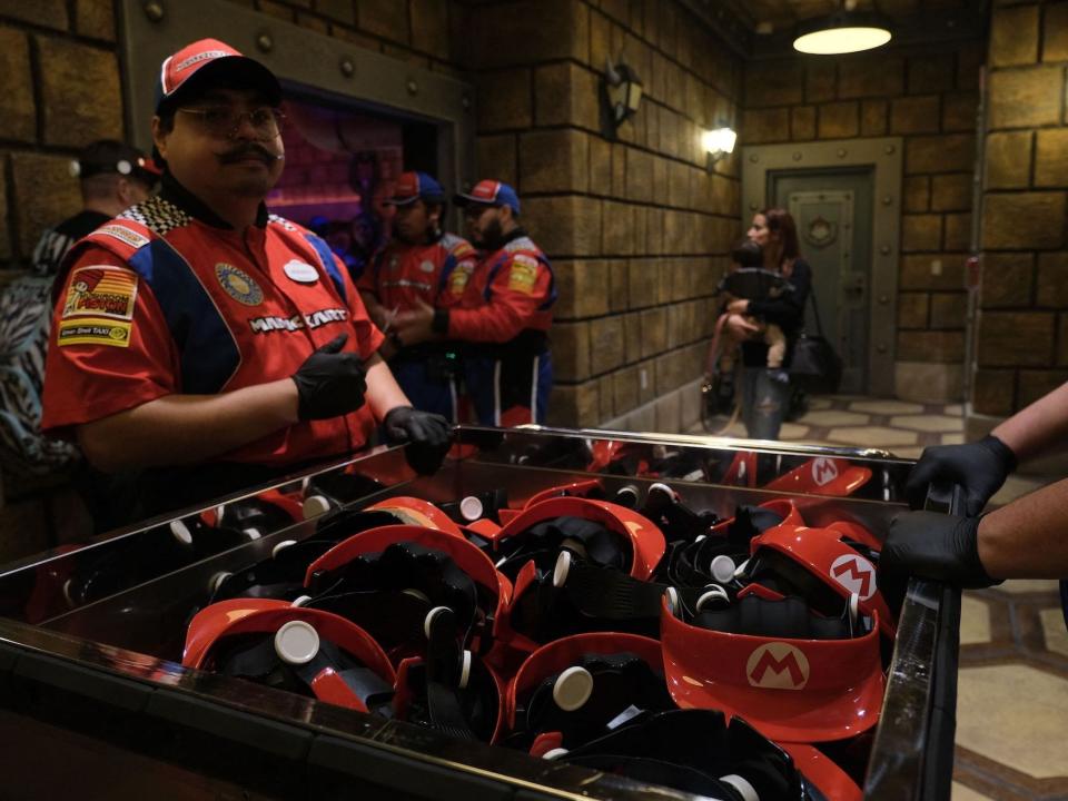 Special goggles needed for the Mario Kart Bowser's Challenge augmented reality ride are seen during a preview of Super Nintendo World at Universal Studios in Los Angeles, California, on January 13, 2023.