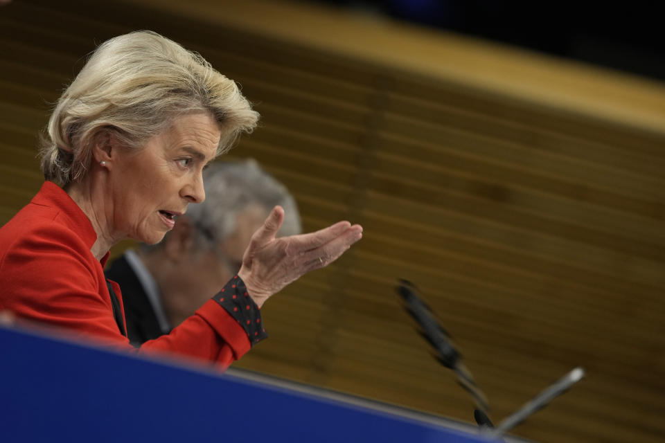 European Commission President Ursula von der Leyen speaks during a media conference at EU headquarters in Brussels, Monday, December 12, 2022. (AP Photo/Virginia Mayo)