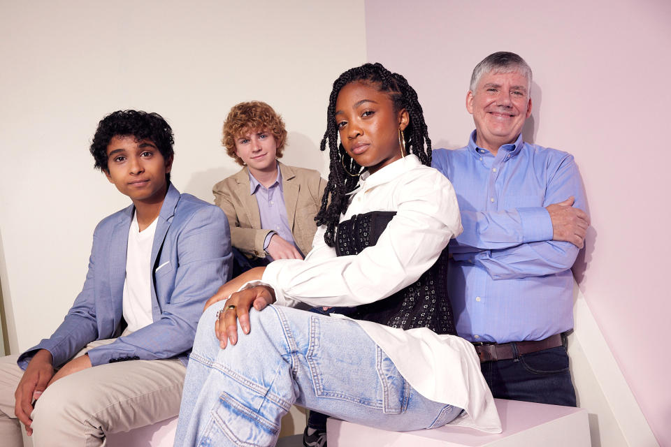 ANAHEIM, CALIFORNIA - SEPTEMBER 10: (L-R) Aryan Simhadri, Walker Scobell, Leah Jeffries, and Rick Riordan pose at the IMDb Official Portrait Studio during D23 2022 at Anaheim Convention Center on September 10, 2022 in Anaheim, California. (Photo by Corey Nickols/Getty Images for IMDb)