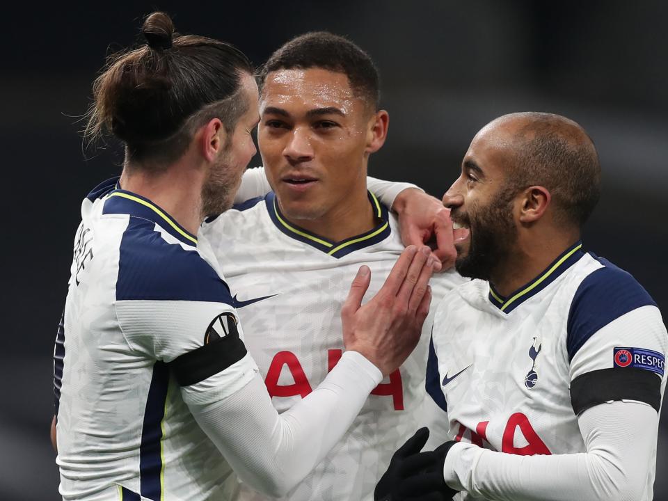 Carlos Vinicius (centre) scored his first two Spurs goals in the 4-0 winTottenham Hotspur FC via Getty Images