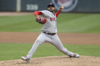 Boston Red Sox' Martín Pérez throws against the Minnesota Twins during the first inning of a baseball game, Tuesday, April 13, 2021, in Minneapolis. (AP Photo/Stacy Bengs)