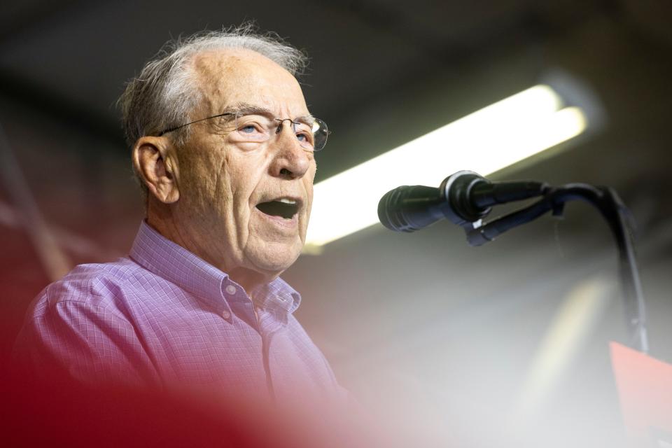 U.S. Sen. Chuck Grassley, R-Iowa, speaks during the Ashley's BBQ Bash fundraiser, Sunday, Aug. 6, 2023, at Hawkeye Downs in Cedar Rapids, Iowa.