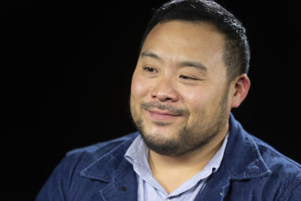 This Oct. 23, 2019 photo shows celebrity chef David Chang during an interview in Los Angeles to promote his Netflix series “Breakfast, Lunch & Dinner”. (AP Photo/Damian Dovarganes)