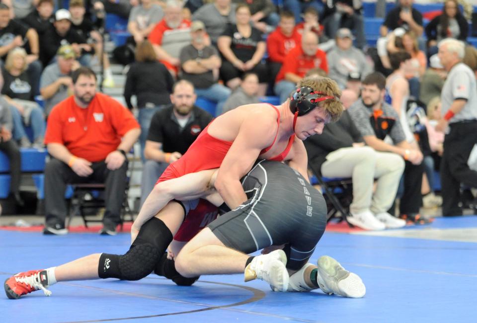Westfall's Gage Bolt duringthe 165-pound championship match in the Division III district tournament at Harrison Central High School on Saturday.