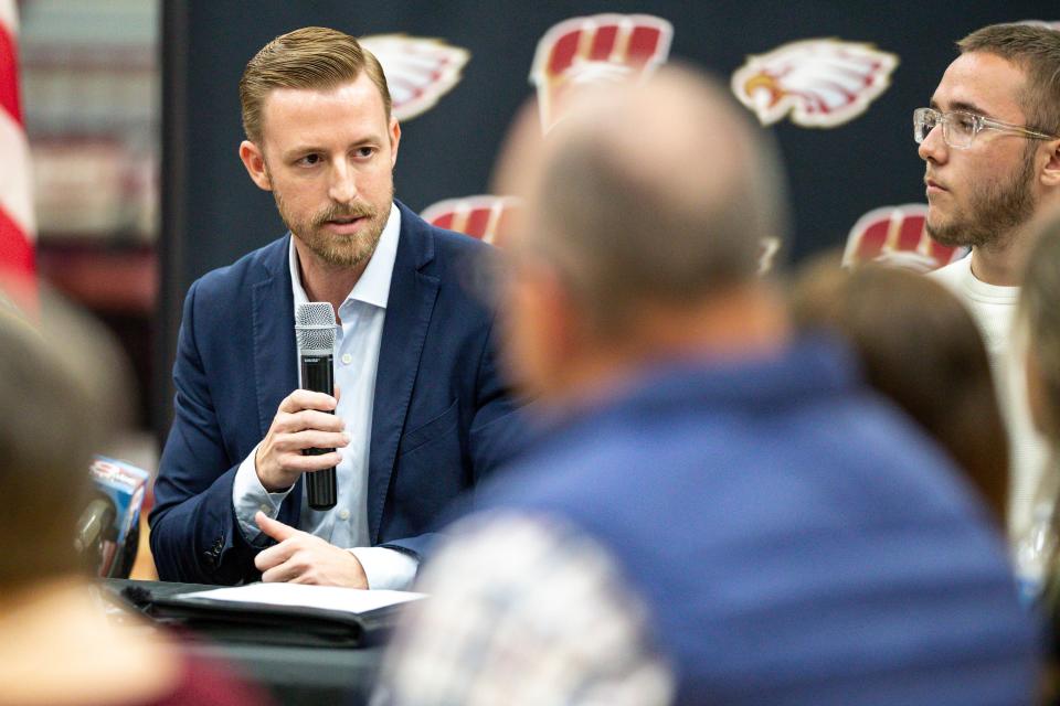 Ryan Walters speaks on April 26 at the Warner Public School Event Center in Warner.