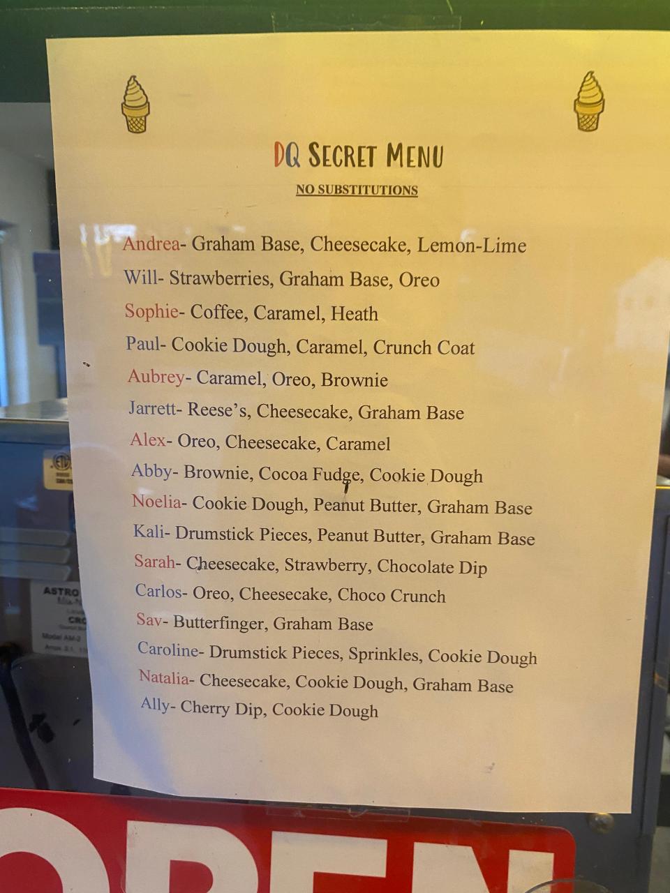 The "secret menu" of the Riverside Drive Dairy Queen in Iowa City is shown in the window of the shop on June 13, 2022.