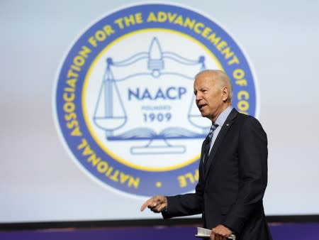 Democratic U.S. Presidential candidate Joe Biden addresses the audience during the Presidential candidate forum at the annual convention of the National Association of the Advancement of Colored People (NAACP) in Detroit,