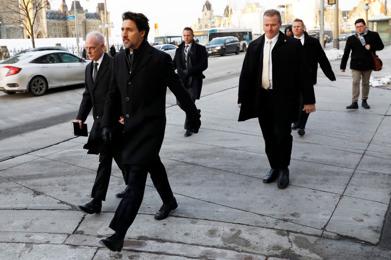Canada's PM Trudeau walks to a news conference about crashed flight PS752 in Ottawa