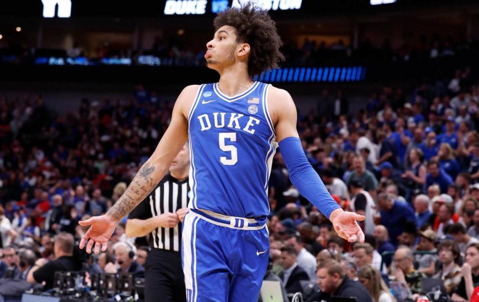 Duke’s Tyrese Proctor (5) has words with a Houston player during the first half of Duke’s game against Houston in their NCAA Tournament Sweet 16 game at the American Airlines Center in Dallas, Texas, Friday, March 29, 2024.