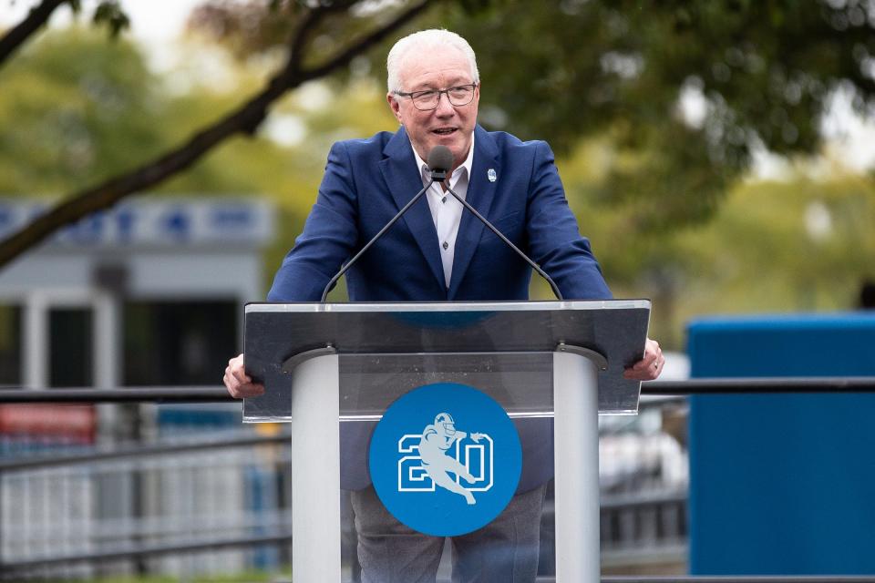 Detroit Lions president Rod Wood speaks during the ceremony to unveil Barry Sanders statue outside of Ford Field in Detroit on Saturday, Sept. 16, 2023.