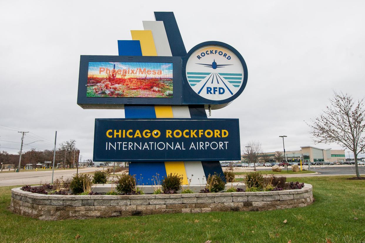 A sign outside the Chicago Rockford International Airport is seen here on Wednesday, Nov. 27, 2019, in Rockford.