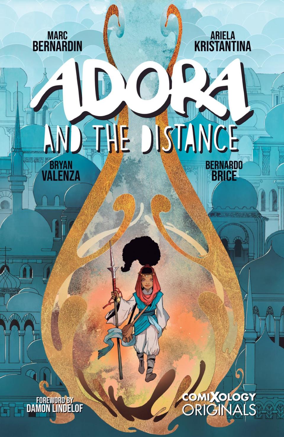An illustrated girl in the middle of a yellow circle on a blue background on the cover of Adora and the Distance