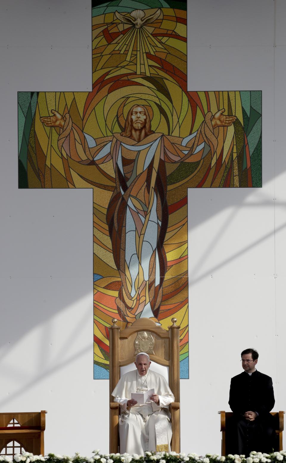 Pope Francis speaks during a meeting with young people and families, in Iasi, Romania, Saturday, June 1, 2019. Francis began a three-day pilgrimage to Romania on Friday that in many ways is completing the 1999 trip by St. John Paul II that marked the first-ever papal visit to a majority Orthodox country. (AP Photo/Andrew Medichini)