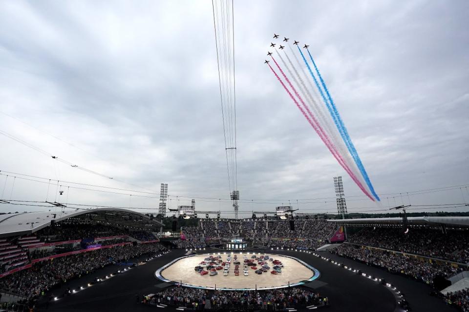 The Red Arrows flypast goes over the stadium during the opening ceremony (Zac Goodwin/PA) (PA Wire)