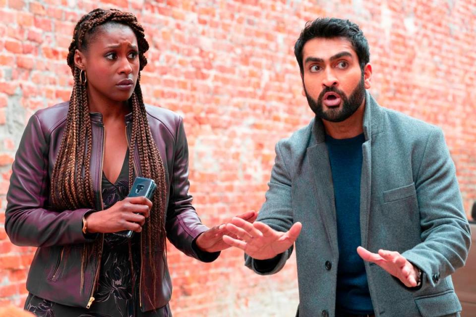 Issa Rae, left, as Leilani and Kumail Nanjiana as Jibran i nthe Netflix original movie “The Lovebirds.”