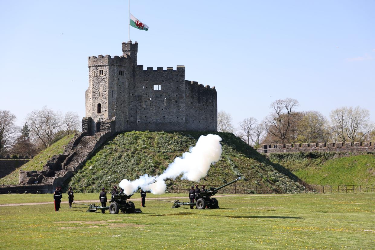 The gun salute at Cardiff Castle, Cardiff, Saturday, April 17, 2021, a single round was fired at 1500, followed by a single round at 1501 to begin and end the National Minute Silence immediately before the funeral service of Britain's Prince Philip.