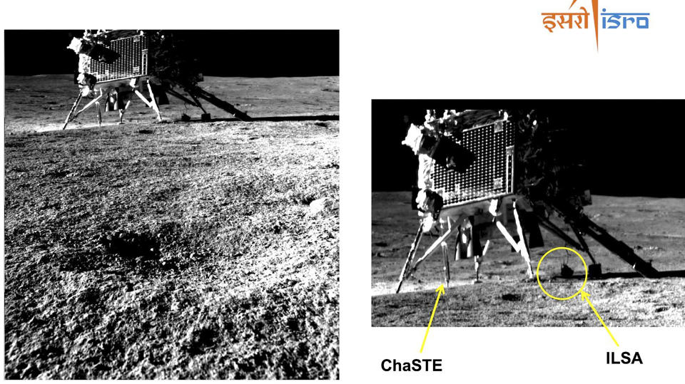 This image provided by the Indian Space Research Organisation (ISRO) taken by Pragyan rover of Vikram lander on Aug. 30, 2023. India’s moon rover has confirmed the presence of sulfur and detected several other elements on the surface near the lunar south pole a week after the country’s historic moon landing. ISRO says the rover’s laser-induced spectroscope instrument also has detected aluminum, iron, calcium, chromium, titanium, manganese, oxygen and silicon. (Indian Space Research Organisation via AP)