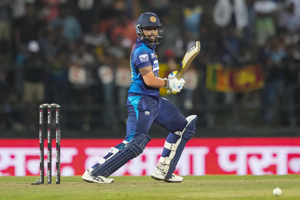 Sri Lanka's Sadeera Samarawickrama plays a shot during the one day international cricket match between Sri Lanka and Bangladesh of Asia Cup in Pallekele, Sri Lanka on Thursday, Aug. 31. (AP Photo/Eranga Jayawardena)