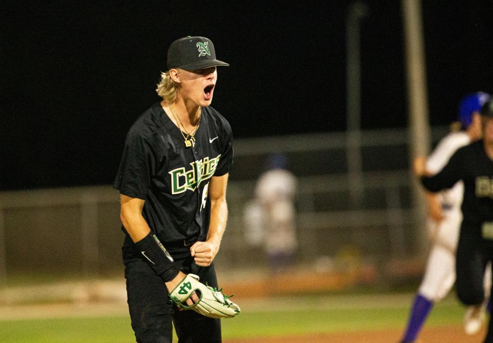 Charley Bergsma, a pitcher for the St. John Neumann baseball team celebrate  third out against Canterbury in the Class 2A-Region 3 championship  at Terry Park on Monday, May 15, 2023. St. John Neumann won 9-4 and moves on to the final four at Hammond Stadium.