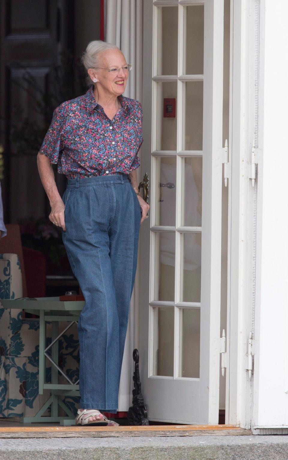 Queen Margrethe of Denmark views The Guard Change At Grasten Castle on July 24, 2015 in Denmark