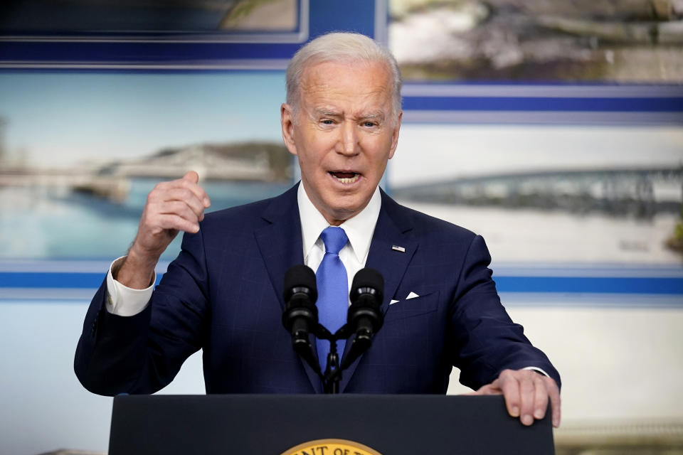 President Joe Biden speaks about the Bipartisan Infrastructure Law at the South Court Auditorium in the Eisenhower Executive Office Building on the White House Campus in Washington, Friday, Jan. 14, 2022. (AP Photo/Andrew Harnik)