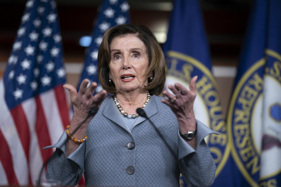 Speaker of the House Nancy Pelosi, D-Calif., speaks during a news conference on Capitol Hill in Washington, Thursday, Feb. 27, 2020. Democrats are increasingly anxious about Bernie Sanders and the damage they feel the party's presidential front-runner could do to their prospects of retaining House control. There are also growing questions about what, if anything, Speaker Nancy Pelosi should do about it. (AP Photo/J. Scott Applewhite)