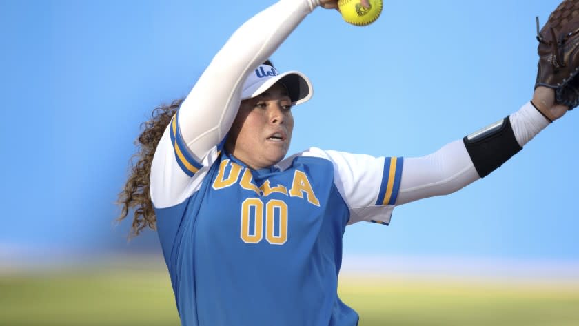 UCLA Rachel Garcia delivers a pitch during an NCAA softball game against Ole Miss on Saturday Feb.16, 2019 in Los Angeles. (AP Photo/Kyusung Gong)