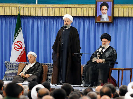 (R L) Iran's Supreme Leader Ayatollah Ali Khamenei, Iranian President Hassan Rouhani, and former Iranian president Akbar Hashemi Rafsanjani attend Supreme LeaderÕs meeting with authorities of the country and ambassadors of Islamic countries, in Tehran, Iran July 6, 2016. President.ir/Handout via REUTERS