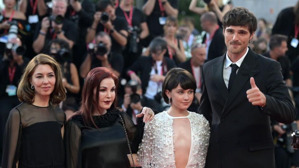 04 september 2023, italy, venedig director sofia coppola l r, actress cailee spaeny, actor jacob elordi and priscilla presley arrive at the premiere of the film priscilla at the venice international film festival photo stefanie rexdpa photo by stefanie rexpicture alliance via getty images