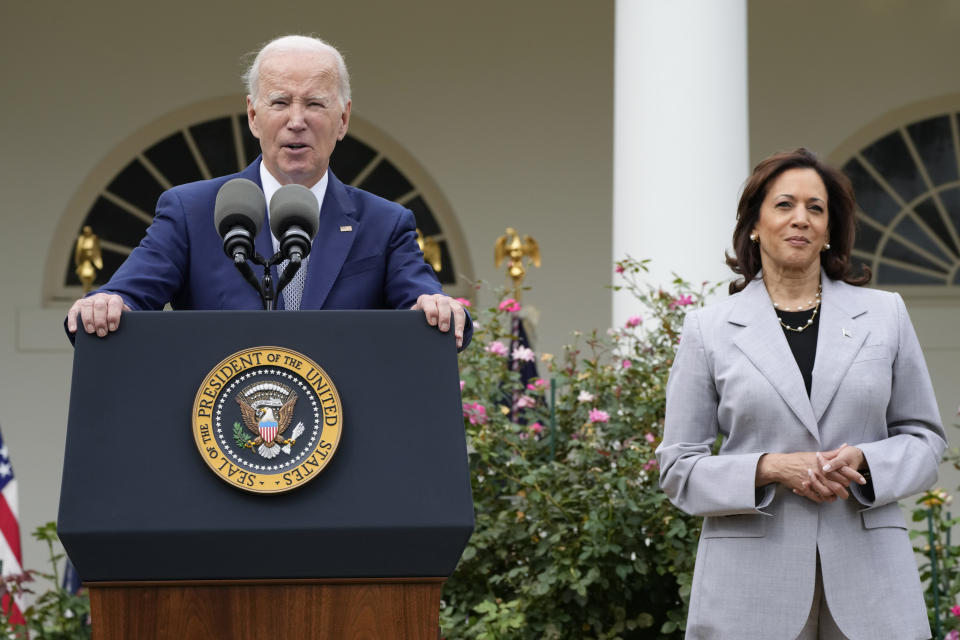 President Joe Biden speaks about gun safety on Friday, Sept. 22, 2023, from the Rose Garden of the White House in Washington. Vice President Kamala Harris listens at right. (AP Photo/Jacquelyn Martin)