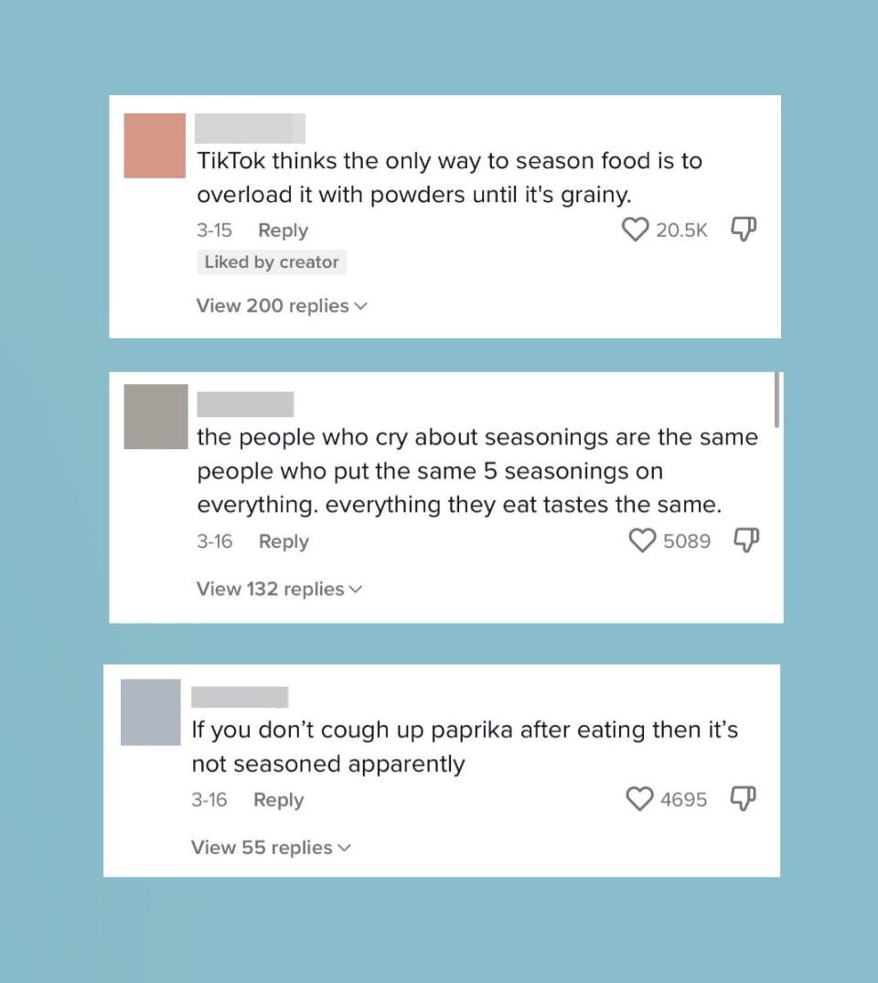 Various comments from the TikTok that are positive, including "TikTok thinks the only way to season food is to overload it with powders until it's grainy"
