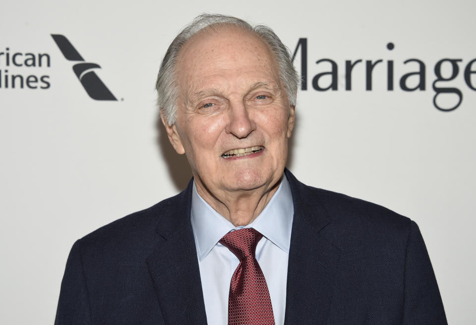 FILE - Actor Alan Alda attends the "Marriage Story" premiere during the 57th New York Film Festival at Alice Tully Hall on Friday, Oct. 4, 2019, in New York. The combat boots and dog tags that Alda wore every day as he portrayed the wisecracking surgeon Hawkeye on the beloved television series "M*A*S*H" meant so much to him that when the show ended 40 years ago, he took them with him. But now, he's ready to let them go to benefit another passion: his center that helps scientists communicate better. Heritage Auctions is offering up the worn boots and dog tags on July 28 in Dallas. (Photo by Evan Agostini/Invision/AP, File)